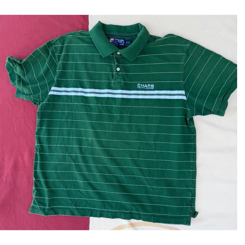 Vintage Chaps Ralph Lauren‎ Mens XL Green Striped Cotton Pique Polo Shirt XL/XG